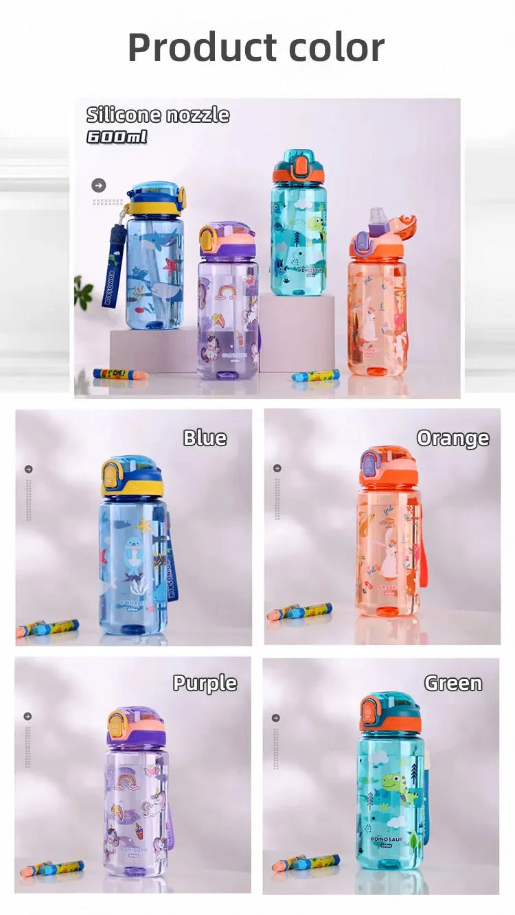 600ml Dinosaur Water Bottle For Kids Water Sippy Cup With Silicone Straw Leakproof Plastic Water Bottles Summer Kids Water Cup.