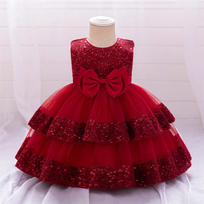Kleinkind Rot Pailletten Mesh Kleid Mädchen Baby Einfarbig Neue Jahr Party Formale Kostüm Leistung Prinzessin Kleid Geburtstag Kleidung
