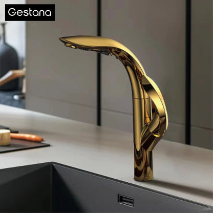 Luxury brass gold touch switch kitchen faucet pull-out design 1 hole single handle hot and cold water sink 2 function Mixer