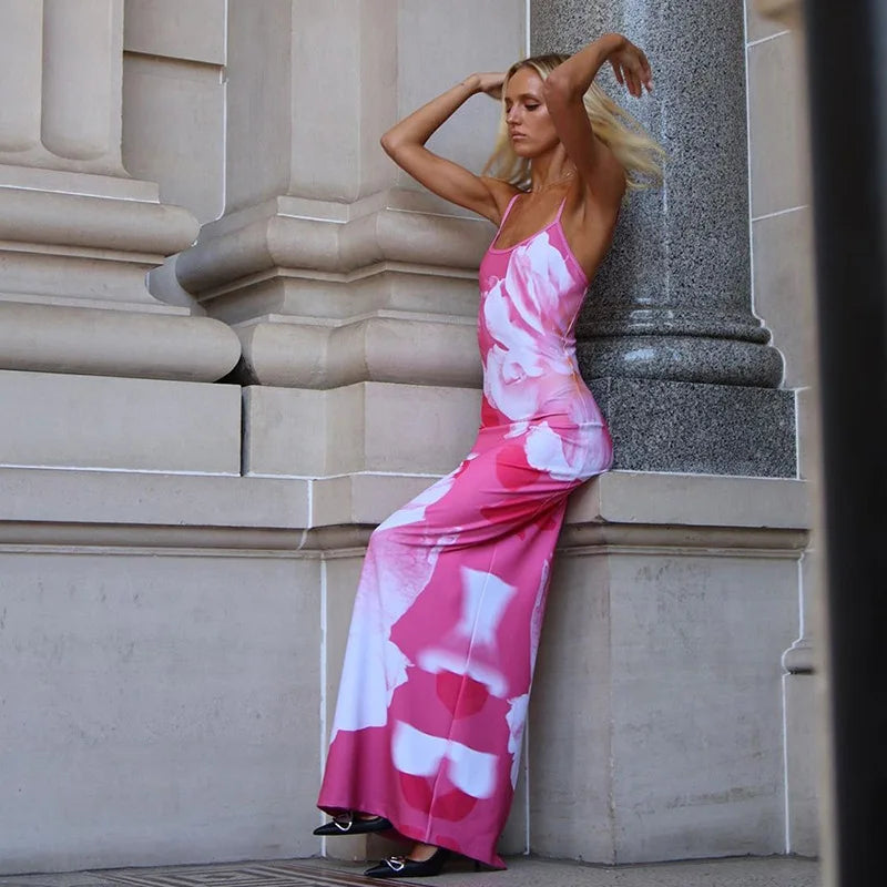 Gedruckt Spaghetti Hot Backless Maxi Kleid Frauen Mode Schlank Elegante Kontrast Patchwork Halter Kleider Herbst Lange DressZ