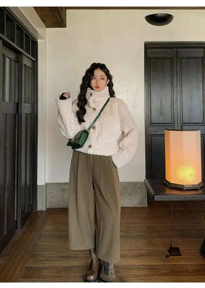 2025 Winter Fashion Stand Collar Warm Plush Short Jacket Women Autumn Retro Street Thickened Loose Harajuku Casual Short Jacket