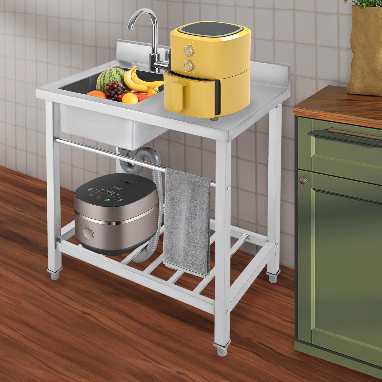 Kitchen Sink with Base Cabinet, Stainless Steel Sink 80 cm Wide with Trim, Freestanding Sink with Tap, Drain Hose, Kitchen Sink