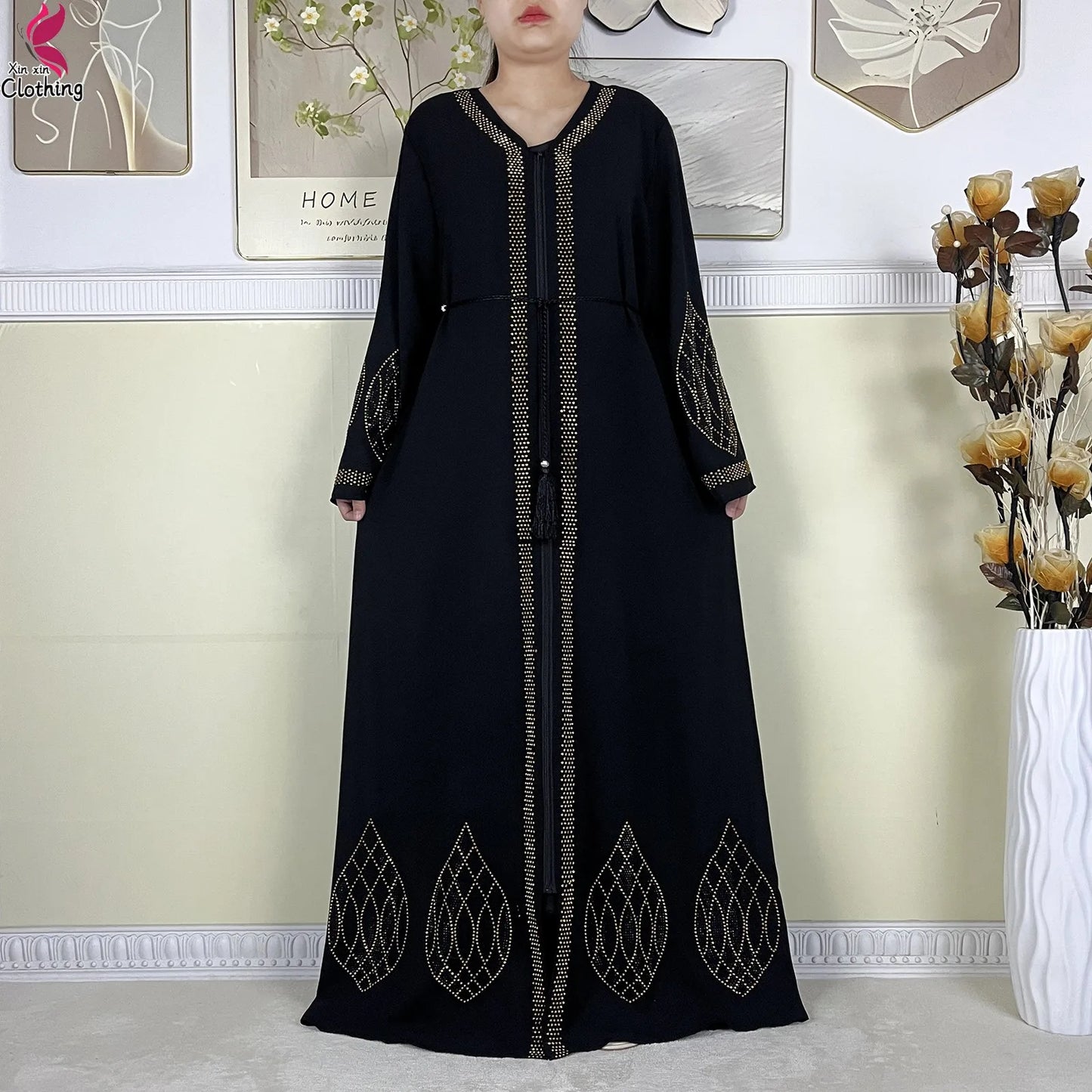 New Dubai Women Elegant Dress Diamonds Chiffon Open Abaya with Zipper Islamic Turkey Clothing Women Muslim Party Evening Dress.