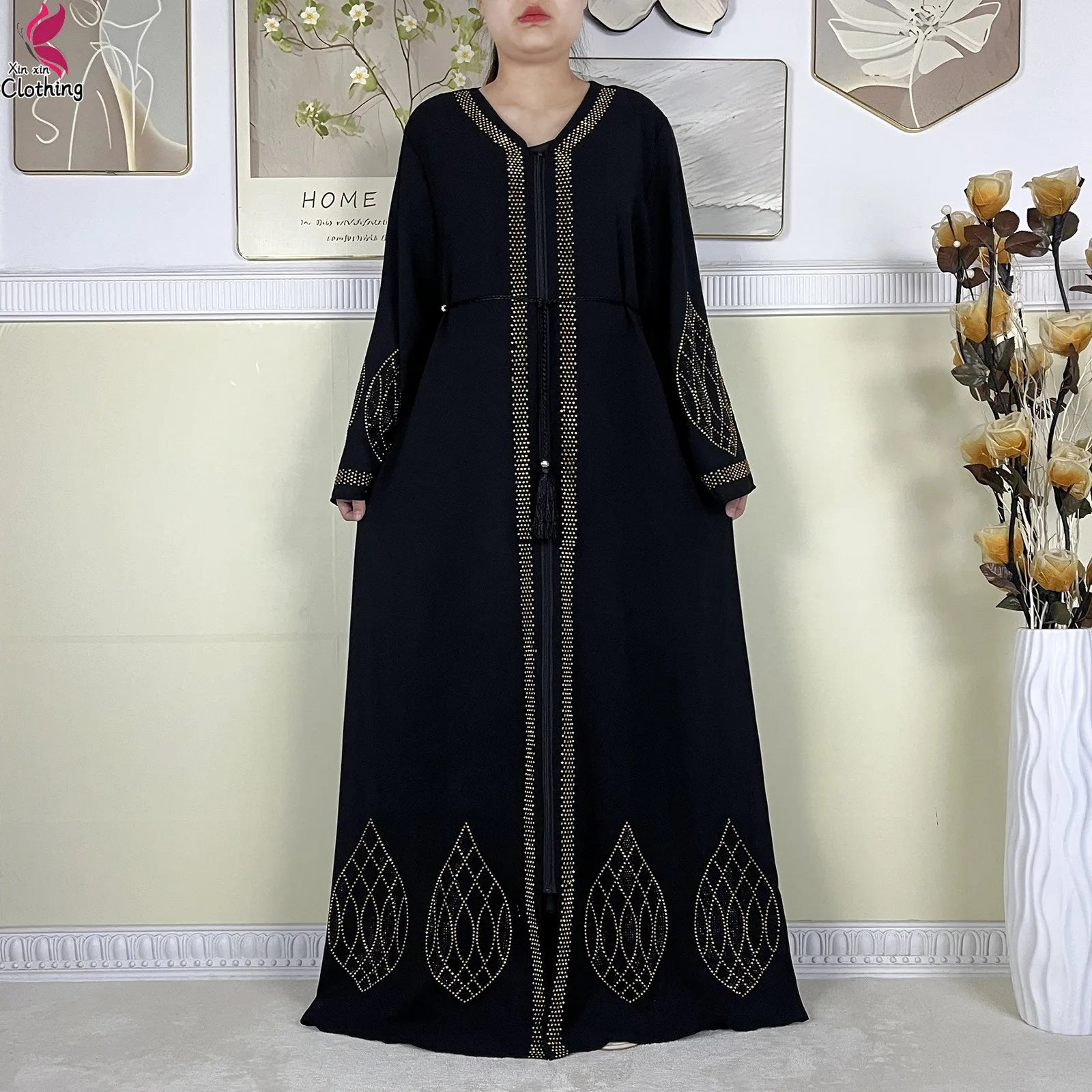 New Dubai Women Elegant Dress Diamonds Chiffon Open Abaya with Zipper Islamic Turkey Clothing Women Muslim Party Evening Dress.