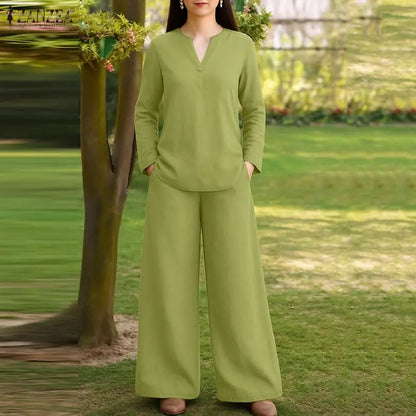 2025 ZANZEA Stylish Autumn 2 Piece Sets Women Outfit Casual V Neck Long Sleeve Tops Pant Set Solid Loose Work Tracksuit Oversize.