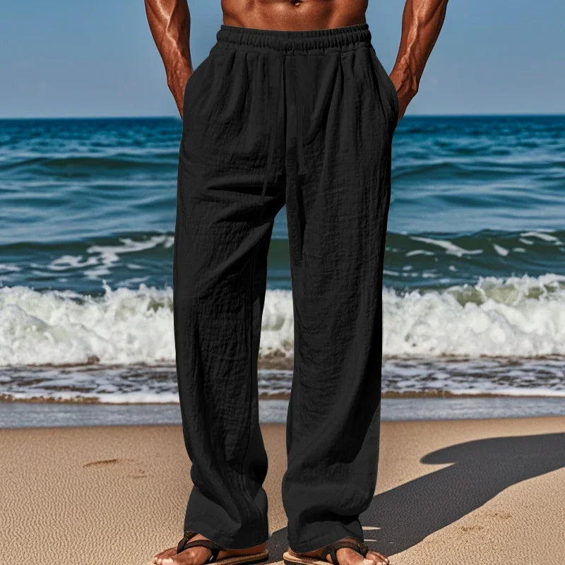 Men's Linen Casual Pants Elastic Waist Beach Pants Lightweight Drawstring Summer Yoga Pants Solid Color Beach Pants.
