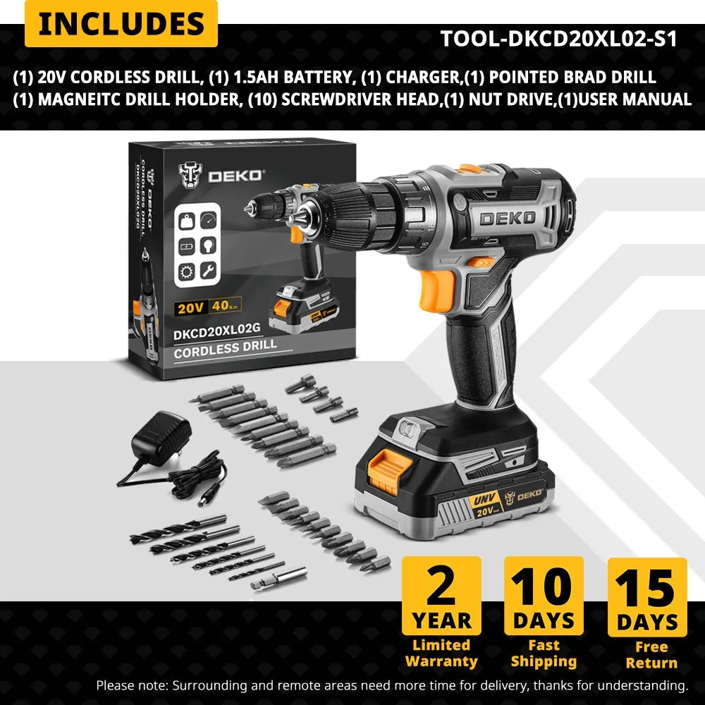 Die 20-V-Akku-Bohrmaschine von DEKO verfügt über zwei Wechselgeschwindigkeiten. 18+1 Drehmomentschraubendreher. 29-teiliges Bohrset mit 1,5-Ah-Akku und Ladegerät