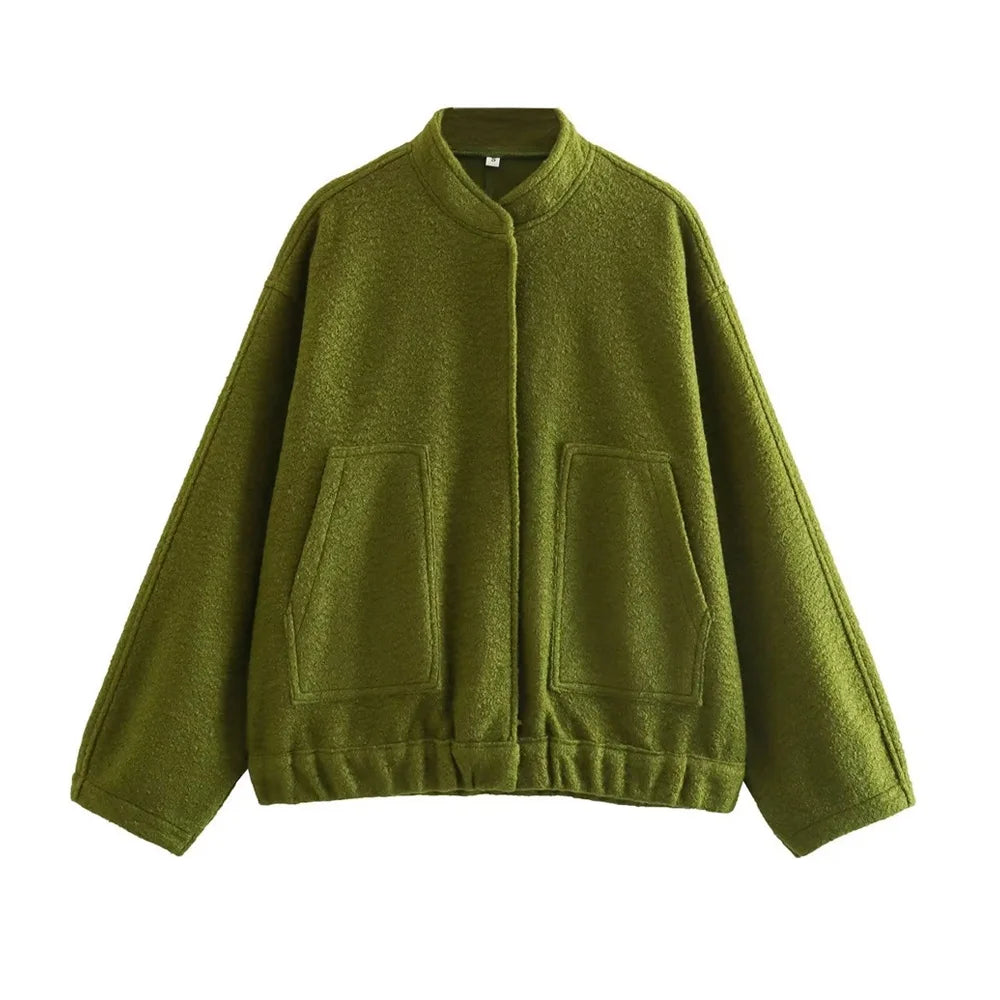 TRZA Frauen Mode Mit Taschen Übergroßen Bomber Jacke Mantel Vintage Langarm Druckknopf Weibliche Oberbekleidung Chic Tops.