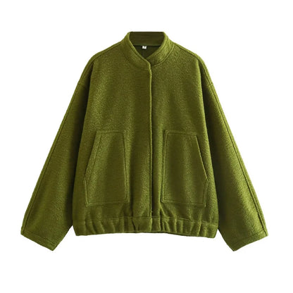 TRZA Frauen Mode Mit Taschen Übergroßen Bomber Jacke Mantel Vintage Langarm Druckknopf Weibliche Oberbekleidung Chic Tops.