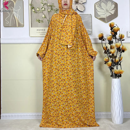 2025 New Muslim Abayas For Women Ramadan Prayer Garment Dubai Middle East Femme Robe Cotton Loose African Dress Turban Attached