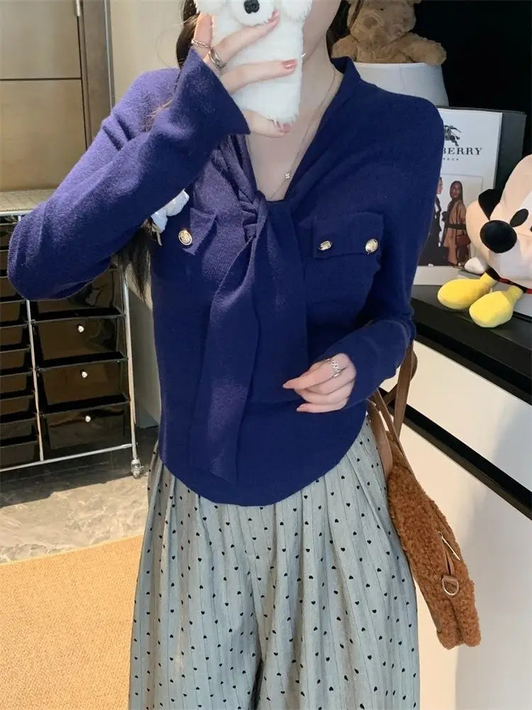 Frauen Frühling Herbst Einfachheit Büro Dame V-ausschnitt Einfarbig Langarm Strickwaren Damen Mode Alle-spiel Temperament Tops.