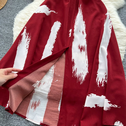 Neue Sommer Druck Süße Kleid Träger O Neck Backless Split Elegante Damen Urlaub Strand Party Midi Sommerkleid