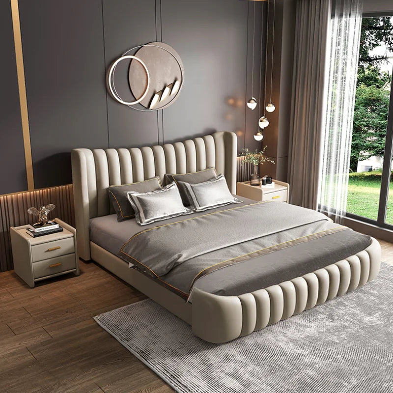 Hohes Kopfteil, Doppelbettgestell, schlichtes Holz, elegantes Queen-Size-Bett, Einzelbettgestell, Nachttische, Aufbewahrung, Cama Moderno Lujo-Möbel