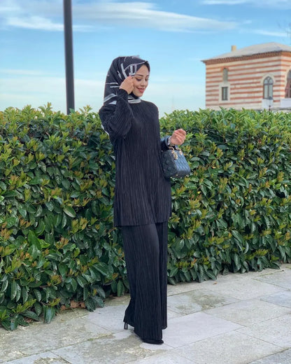 Women Casual Vintage Muslim Sets Ramadan Abaya Hijab Turkey Dubai Kaftan Prayer Dress Wide Leg Pants 2 PCS Sets Islamic Clothing.