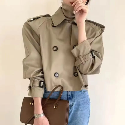 Vintage Zweireiher Graben Jacken Frauen Lose Chic Büro Dame Crop Tops Herbst Weibliche Mäntel Alle-spiel Lose Windjacke