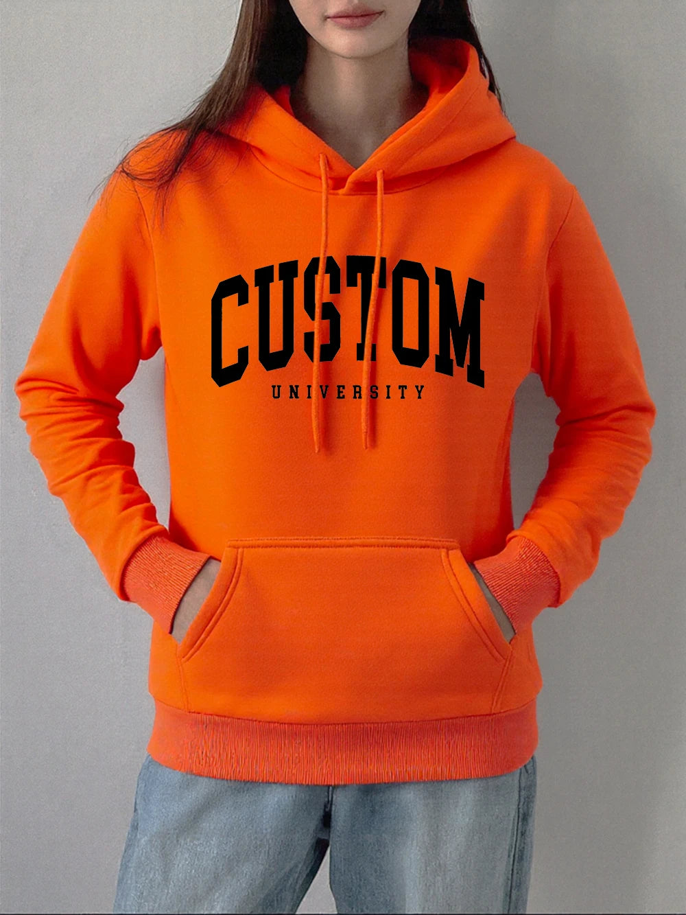 Custom University Printed Hoodies Women Basics Pocket Sweatshirts Autumn Fleece Warm Pullovers Comfortable Casual Womans Clothes.