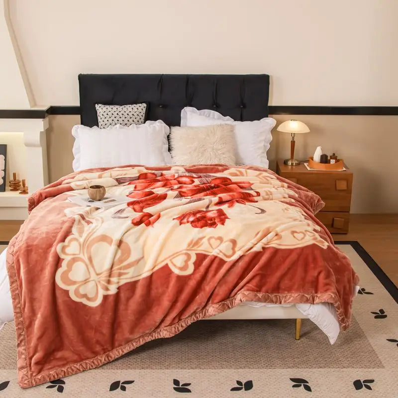 Nordic Style Geometric Printed Blanket Two Person Winter Thickened Quilt Coral Fleece Material Easy To Maintain Plush Bed Sheets.