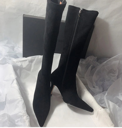 Women Stretch Modern Long Boots Fashion Pointed Toe Knee High Booties Designer High Heels Shoes.
