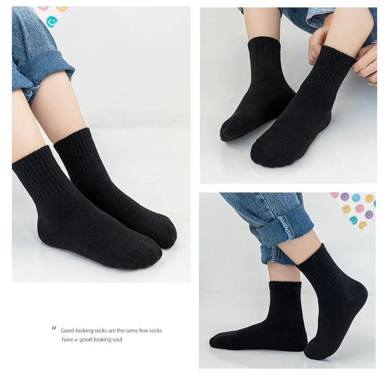 5 Pairs Pure Cotton Children Boy Socks Black White Grey Solid Color Unisex Breathable Sports School Socks Baby Girl Calf Socks.