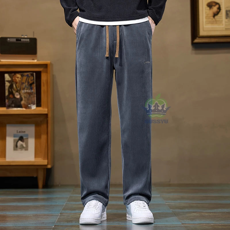 Autumn Winter Men's Corduroy Pants Elastic Waist Fashion Stretch Loose Straight Black Grey Thick Trousers Male Plus Size M-5xl