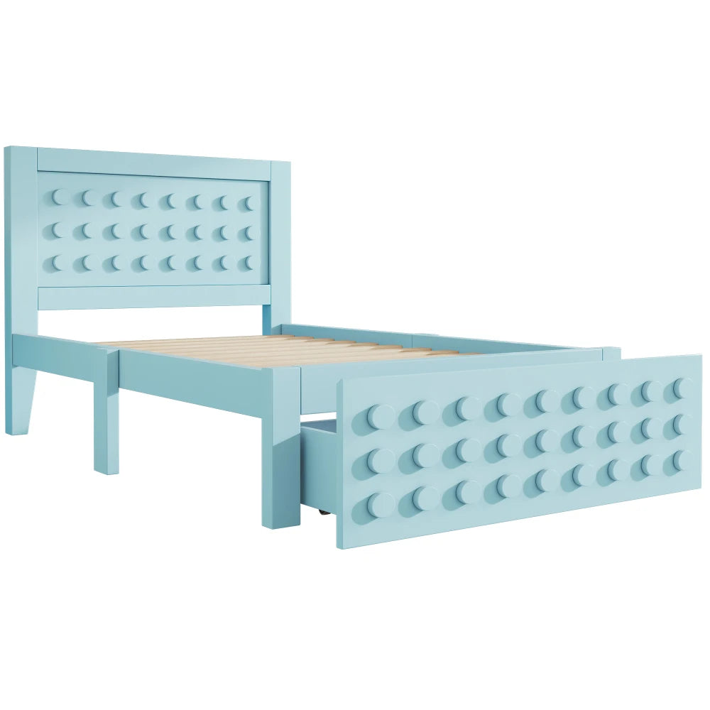 Jugendbett mit kreativem Blockdesign, Gestell aus Massivholz mit Gitterrost, mit Stauraum unter dem Bett, ohne Matratze