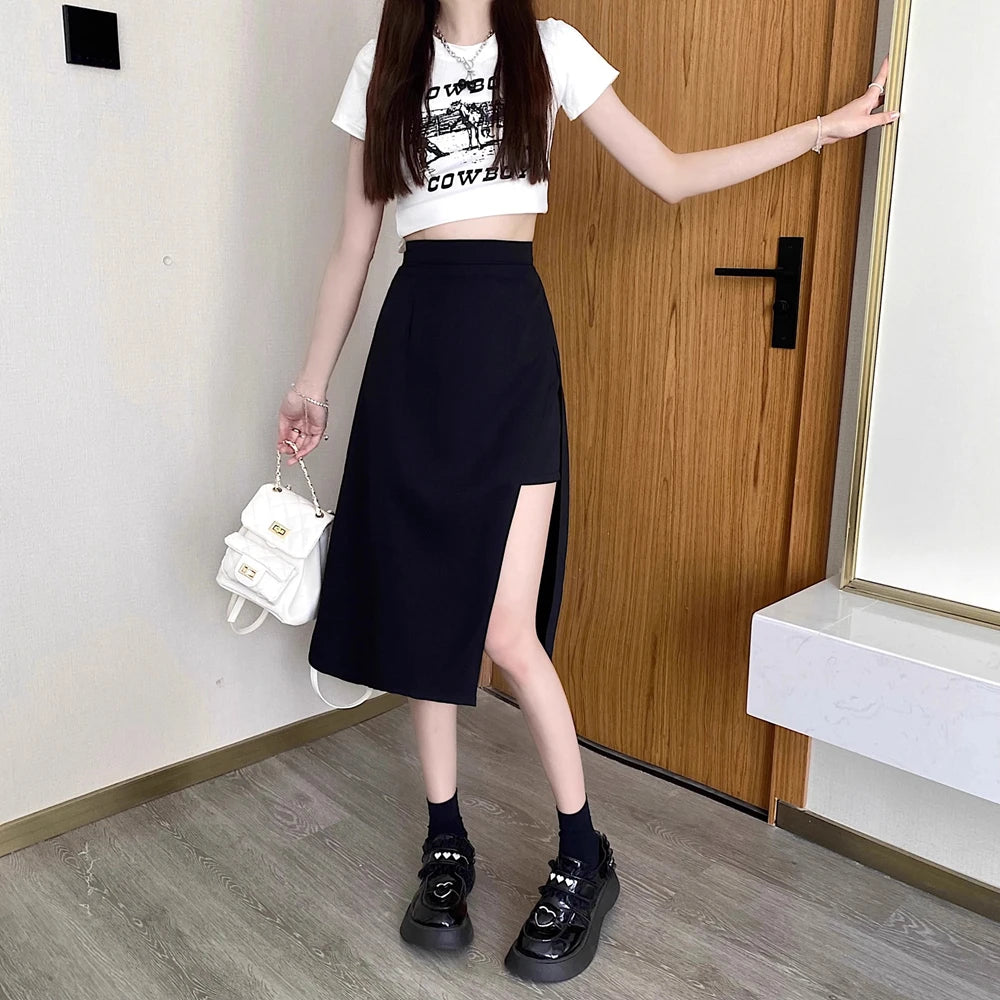 2023 New High Waist Hip Skirt Irregular Slit Black Skirt for Women Summer Mid-length A-line Harajuku Vintage Women Clothing.