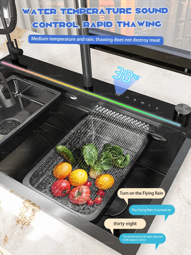 AI voice-controlled Stainless Steel Kitchen Sink With Waterfall  Embossed Large Single Slot Multifunction Dishwashing Sinks