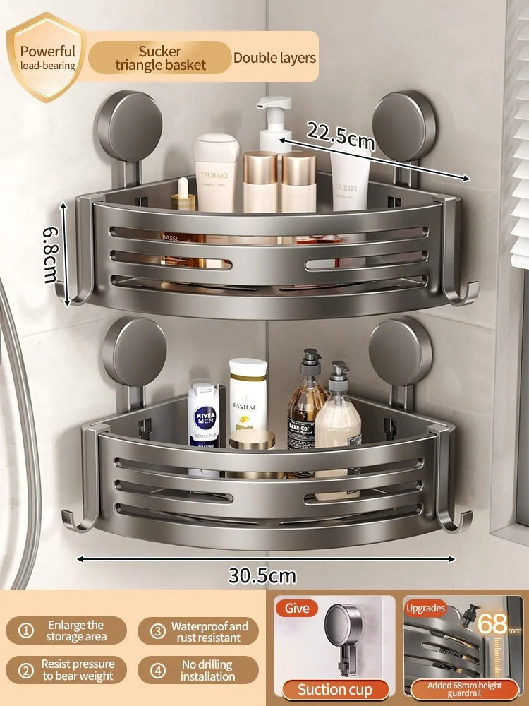 Badezimmer-Aufbewahrungsregal, Saugnapf, perforationsfreies Badezimmer, dreieckiger Toilettenwaschbehälter, Eck-Badezimmer-Aufbewahrungsregal