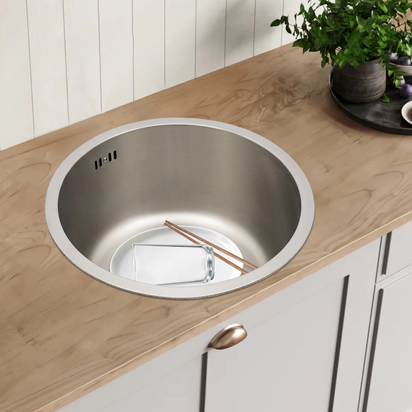 41 cm kreisförmige, vertiefte und vergrößerte Küchenspüle aus Edelstahl 304 mit einer Schüssel