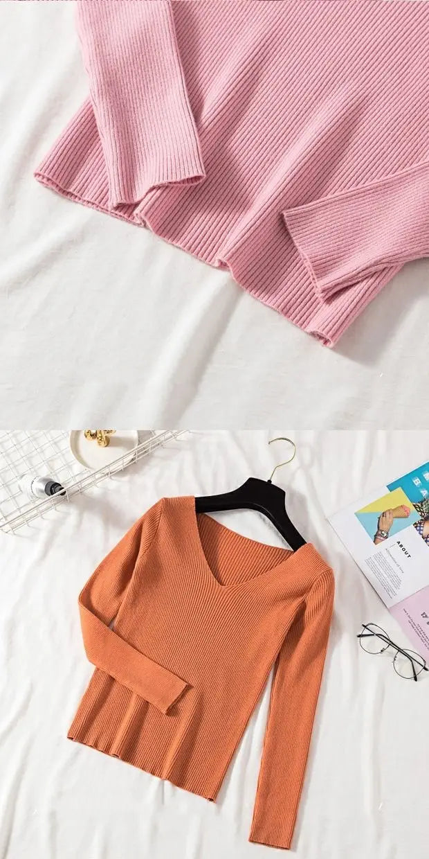 2025 mode V-ausschnitt Elastische Grundlegende Top Neue Frauen Pullover Herbst Winter Langarm Pullover Weibliche Winter Solide Strick Jumper.