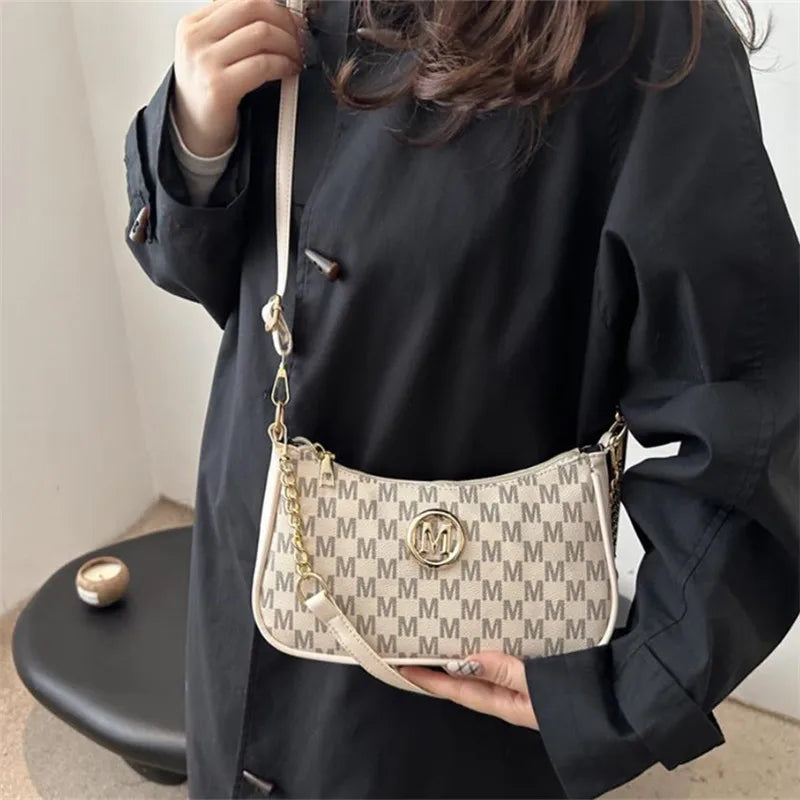 Vintage Style Handbag Crossbody Bag, Gold Letter 'M' Design Pu Leather Shoulder Messenger Bag, Synthetic Leather Tote Bag, Purse.