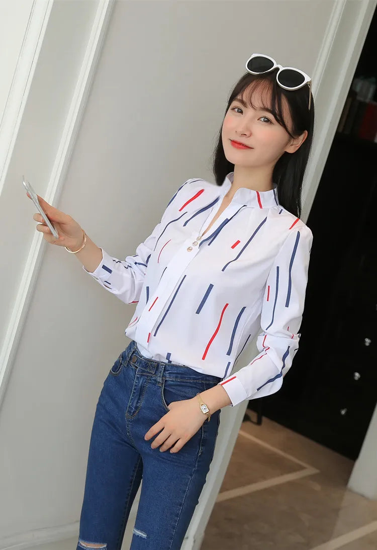 Stripe Women Blouse Fashion Standing Collar Women's Shirt Long Sleeved Shirts and Blouses Printing Ladies Tops Basic Womens Tops.