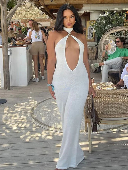 Seltsame Puss Sexy Frau Kleid Ärmellose Hohl Backless Metall Ringe Dünne Elastizität Einfache Party 2025, Sommer Trend Vestidos