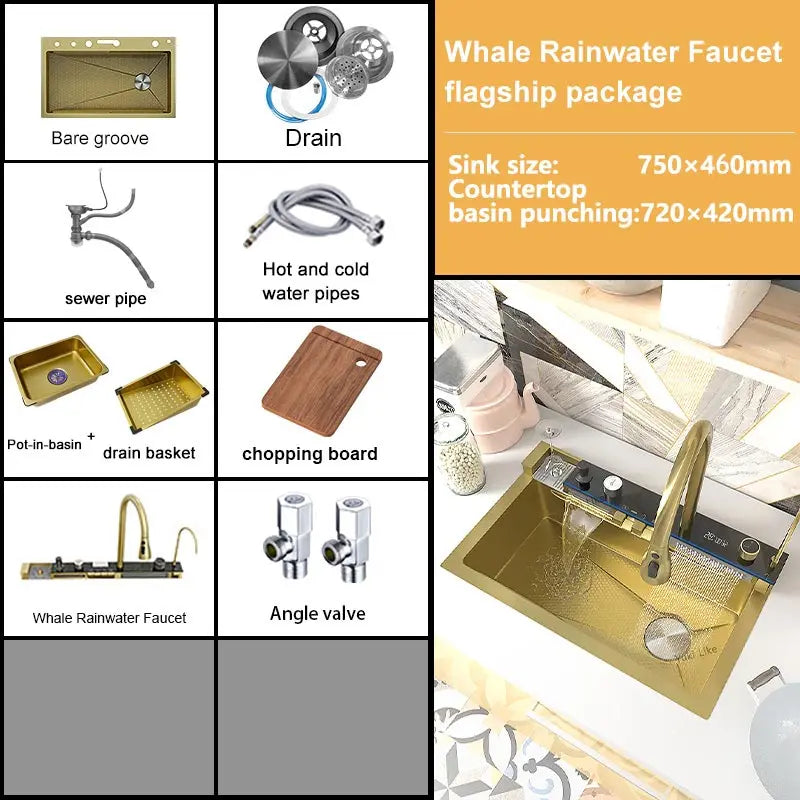 Golden Stainless Steel Waterfall Kitchen Sink Gold Embossed Extra Large Single Slot Digital Display Dishwashing Basin 100x50cm