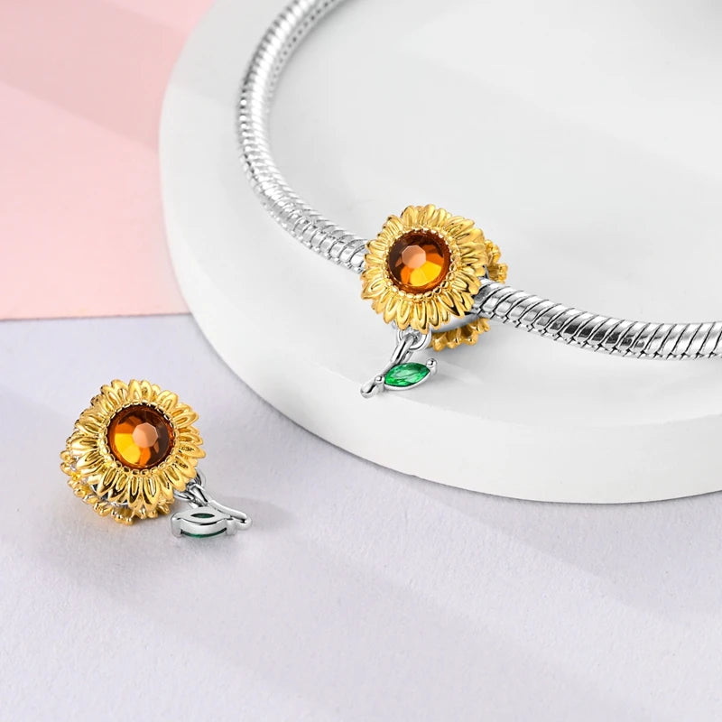 Gold Series DIY Charms Bead Original 925 Sterling Silver Inlaid Zirconium Sun Leopard Pendants Fit Bracelet Jewelry Gift Marking.