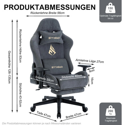 Symino Gaming-Stuhl, ergonomischer Gamer-Stuhl mit Fußstütze, atmungsaktiver PC-Stuhl mit verstellbarem Lendenkissen, Kopfstützenkissen