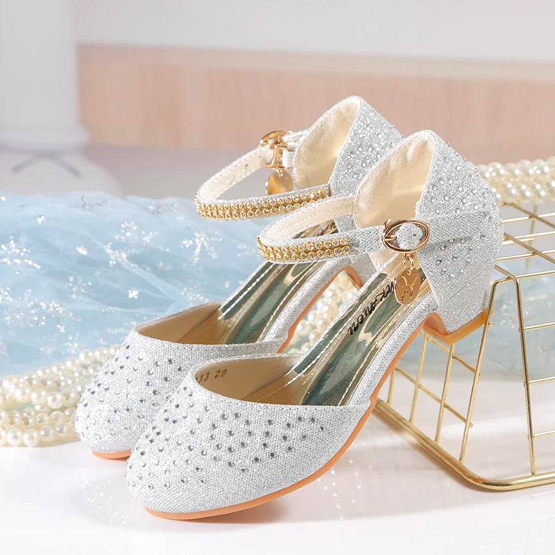 YUNICUS Spring Girls Rhinestone Shiny Princess Shoes Children'S Performance Crystal Shoes Little Girls low Heel Single Shoes.