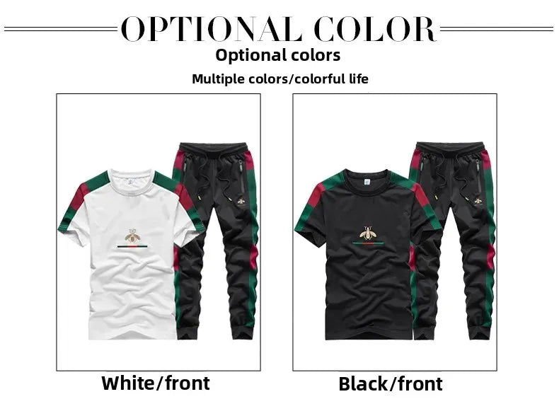 Casual Embroidered Short Sleeve Long Pants Set round Neck Two Piece Set Men's Fashionable Korean Style Spring Autumn Wear.