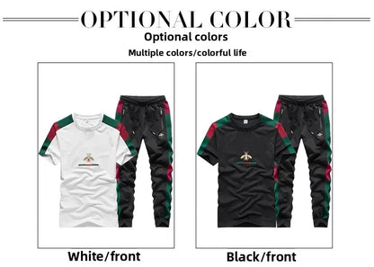 Casual Embroidered Short Sleeve Long Pants Set round Neck Two Piece Set Men's Fashionable Korean Style Spring Autumn Wear.