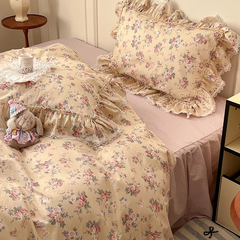 Korean Princess Style Ruffles Flower Print Bedding Set Duvet Cover Set Bed Skirt Bedspread Pillowcases 100% Cotton Home Textile.