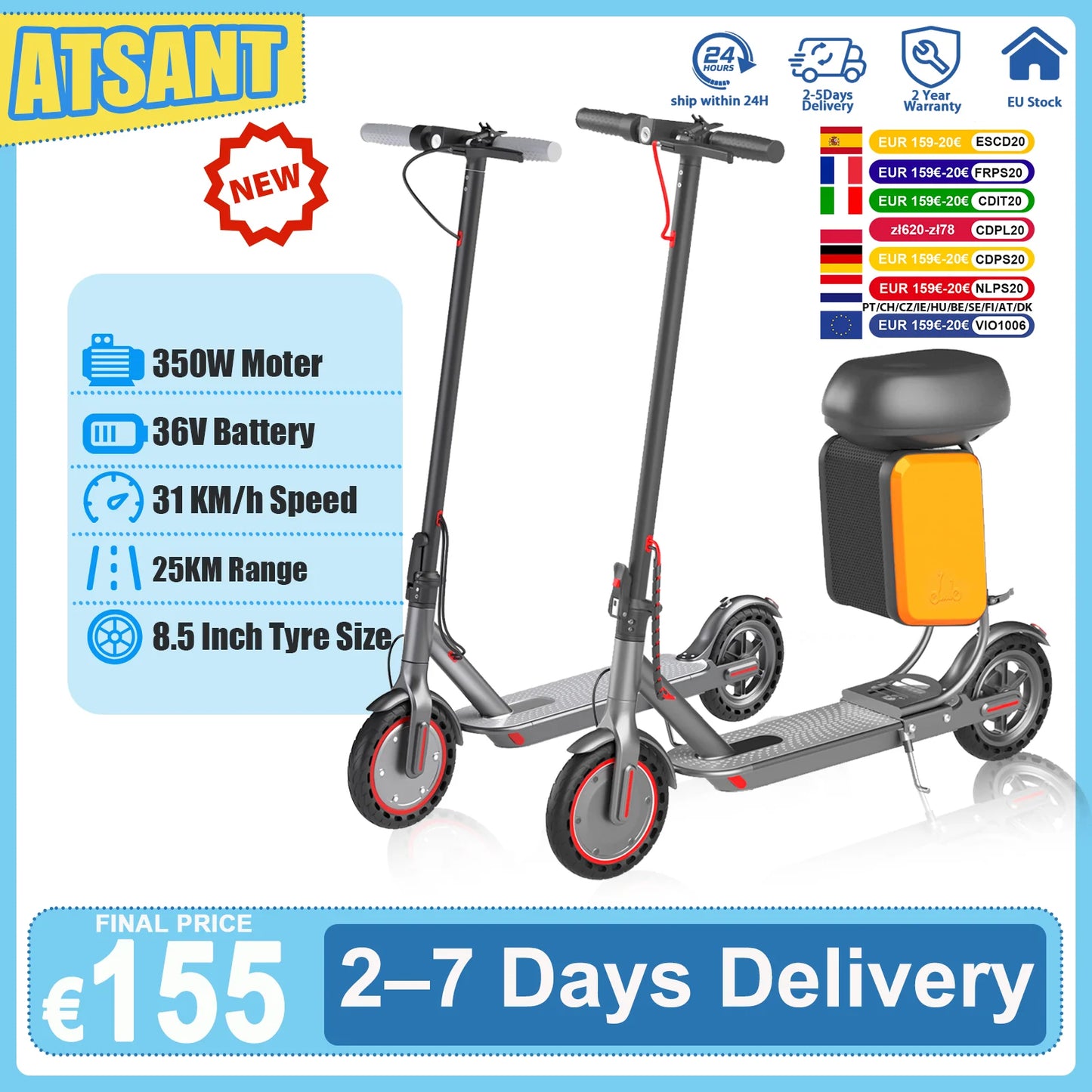 ATSANT Adult Electric Scooter 350W Powerful Motor 36V 25KM Long Range 8.5Inch with Storage Box Smart App Foldable Escooter.