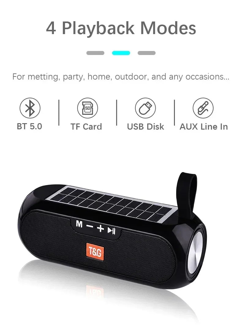 T&G TG182 Solar Charging Portable Stereo speakers Wireless Bluetooth With Mic Outdoor Loudspeaker Waterproof FM Radio Soundbar.