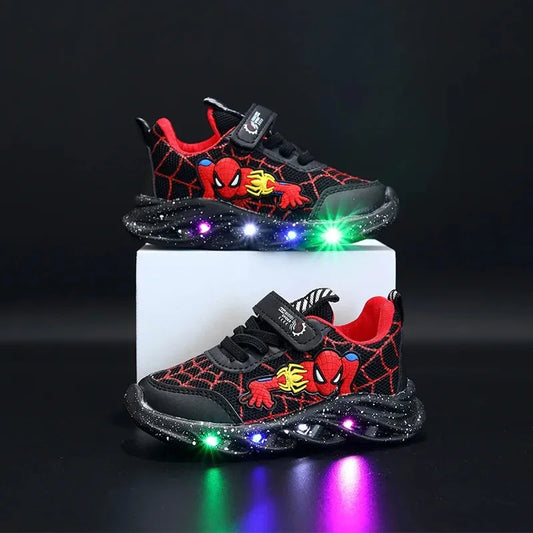 Disney LED Casual Sneakers Red Black For Spring Boys Spiderman Mesh Outdoor Shoes Children Lighted Non-slip Shoes Size 21-30.