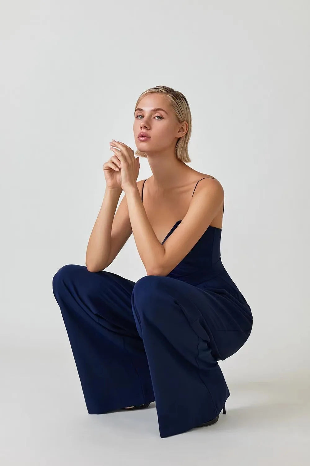 2025 Spring Summer Chiffon Elegant Jumpsuits Women Spaghetti Strap High Waist Wide Leg Jumpsuits Overalls Solid Womens Jumpsuit
