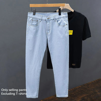 White Jeans Men's Slim Straight Ankle-length Soft Comfort Elastic Denim Trousers Fashion Korean Basic Casual Pencil Pants.