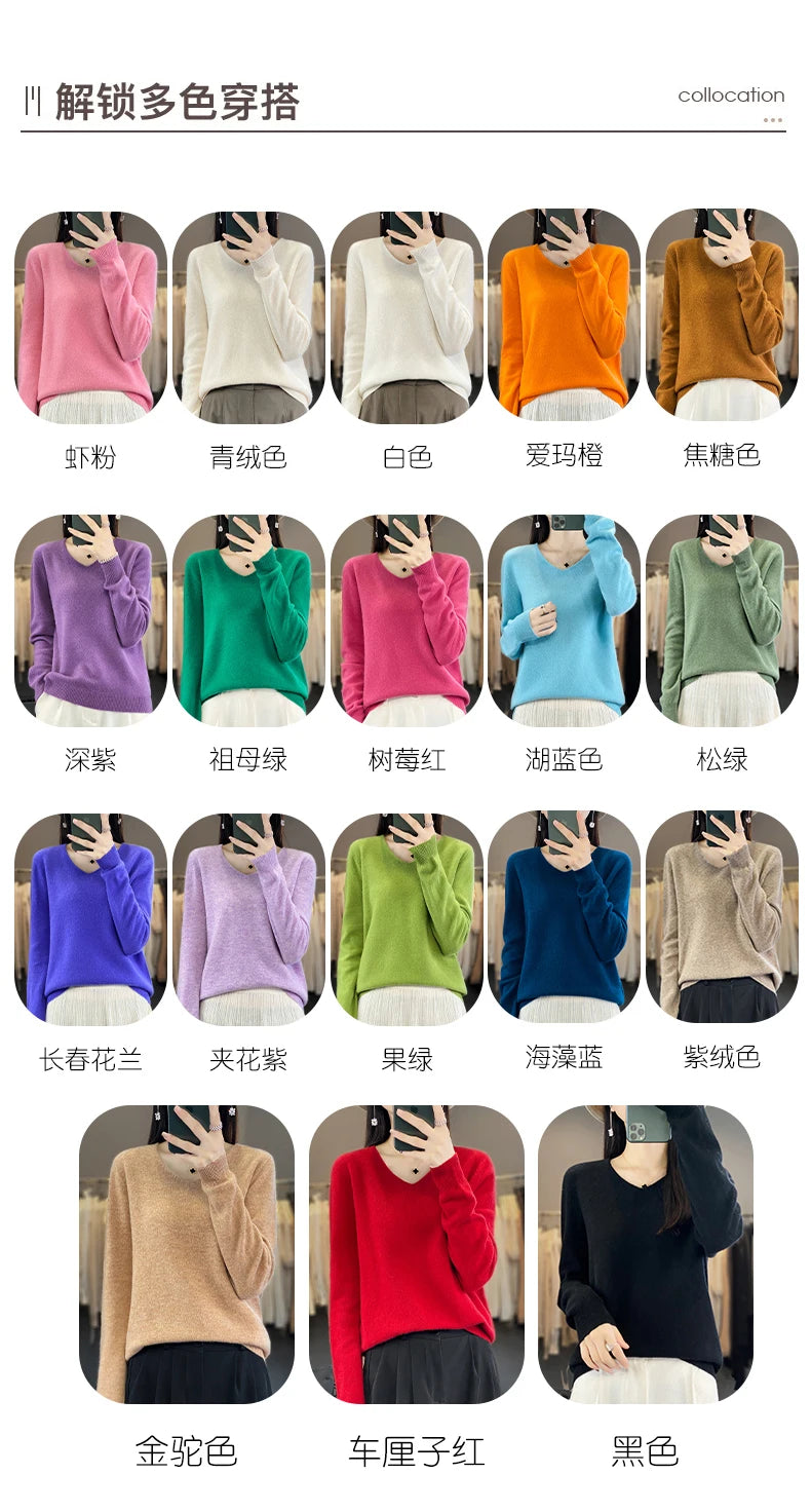 Women 100% Merino Wool Sweater V-Neck Basic Pullover Autumn Winter Cashmere Clothing Long Sleeve Soft Knitwear Tops Solid Color.