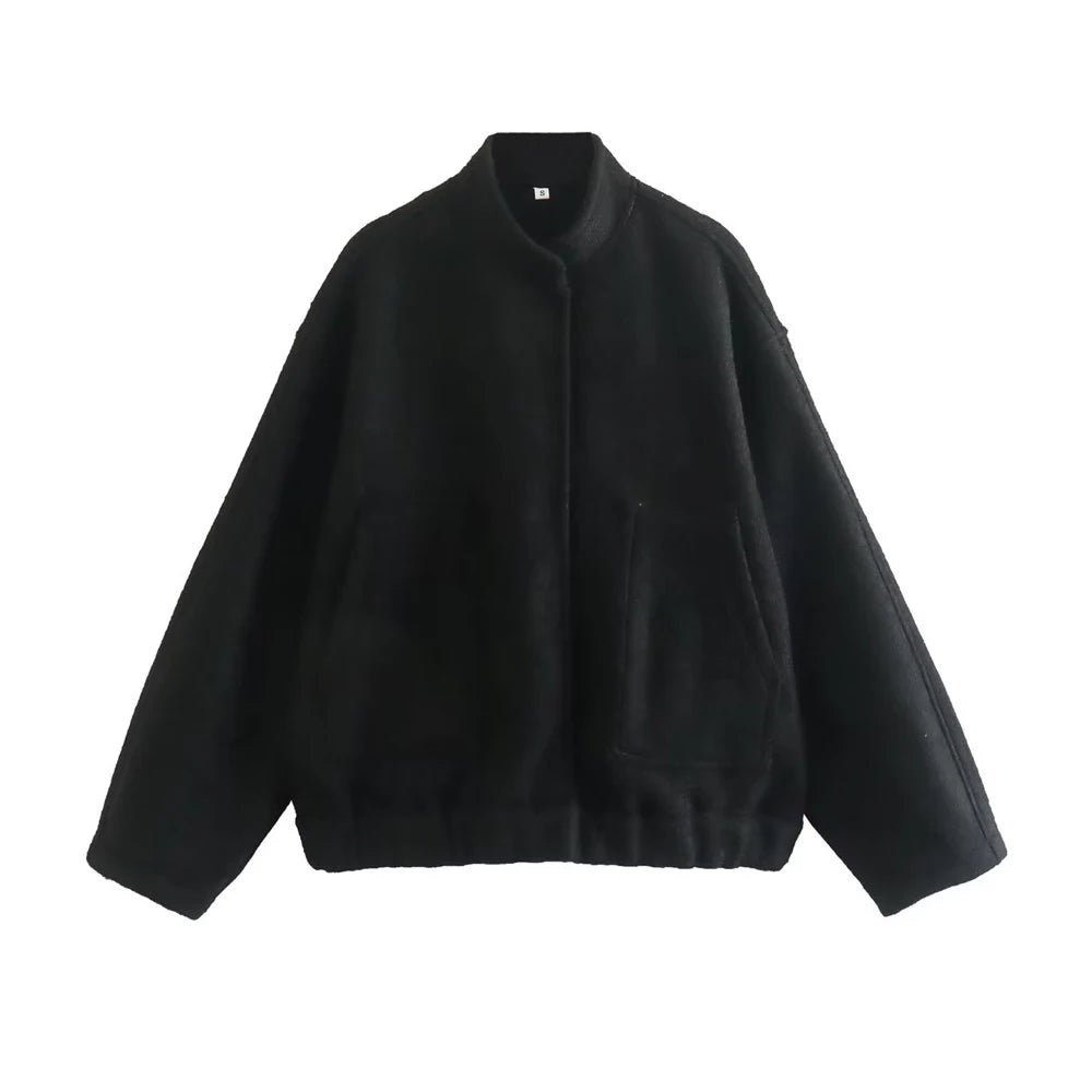 TRZA Frauen Mode Mit Taschen Übergroßen Bomber Jacke Mantel Vintage Langarm Druckknopf Weibliche Oberbekleidung Chic Tops.