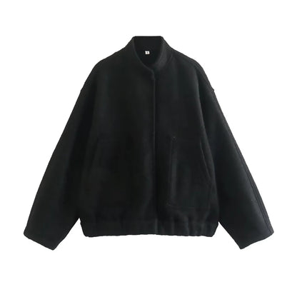 TRZA Frauen Mode Mit Taschen Übergroßen Bomber Jacke Mantel Vintage Langarm Druckknopf Weibliche Oberbekleidung Chic Tops.