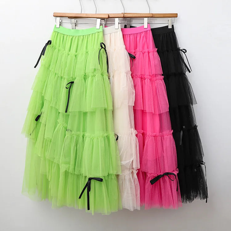 Long Maxi Tulle Skirt Women Sweet Tiered Long Skirt Autumn Winter Women Fashion Korean Mesh Skirt Female Party Skirt Clothes.