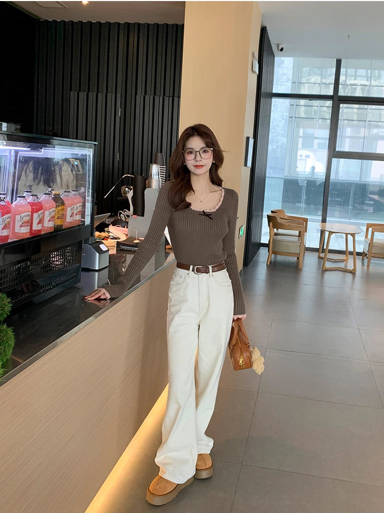 HOUZHOU Vintage Elegante Kokette Gestrickte Pullover Frauen Koreanischen Stil Cuteore Sexy Bogen Patchwork Quadrat Kragen Dünne Strickjacke 2025.